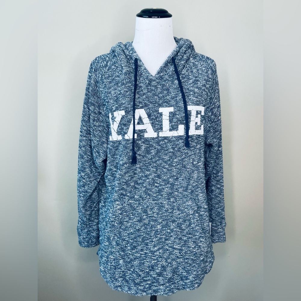 YALE Wooly Threads sz Small Hoodie Terry Knit Navy White Top Sweatshirt Women